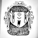 woman face with stretched earplugs eyes and mouth surrounded by small skulls and ghosts ink drawing