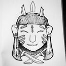 woman face with blades coming out of head with sword earrings and swords under face ink drawing