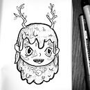 woman face with hair made of mud and antlers made of sticks ink drawing