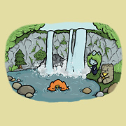 drawing of the 3 jeju island characters swimming at a waterfall