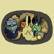 drawing of the 3 jeju island characters in a volcanic cave