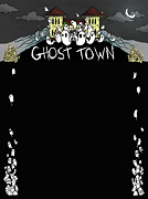 page layout with drawing of abandoned cinema with ghosts coming out of it the borders are full of ghosts