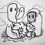 snail ghosts mushroom and masked figure drawing