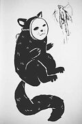 black cat wearing white mask and bird drawing
