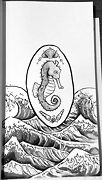 sea horse on badge with waves in the background