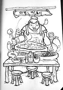 cook cooking magical korean streetfood with small ghosts surrounding her drawing