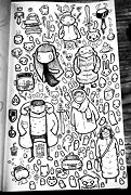 sketchbook page filled with lots of small drawings mainly people and things from seoul