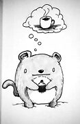 creature holding a cupcake and thinking of coffee drawing