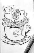 cup of coffee with ghosts and spirits coming out drawing