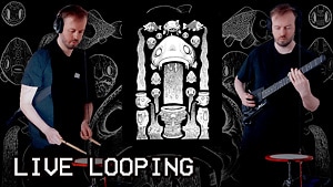 2 images of the same man playing guitar and a drum midi controller and some artwork in the background