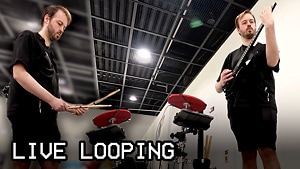 2 images of the same man playing guitar and a drum midi controller